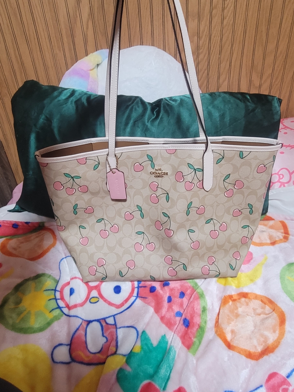 COACH Beige Cherry Print Tote Bag with White Trim